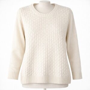 GAP Women Cream White Cable Knit Crew Neck Long Sleeve Sweater L Preppy Textured